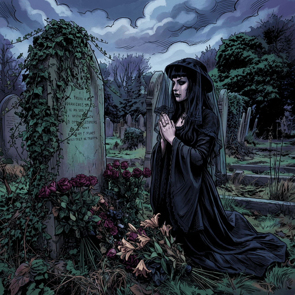 Person in black gothic mourning attire kneeling at an ivy-covered gravestone in a cemetery.
