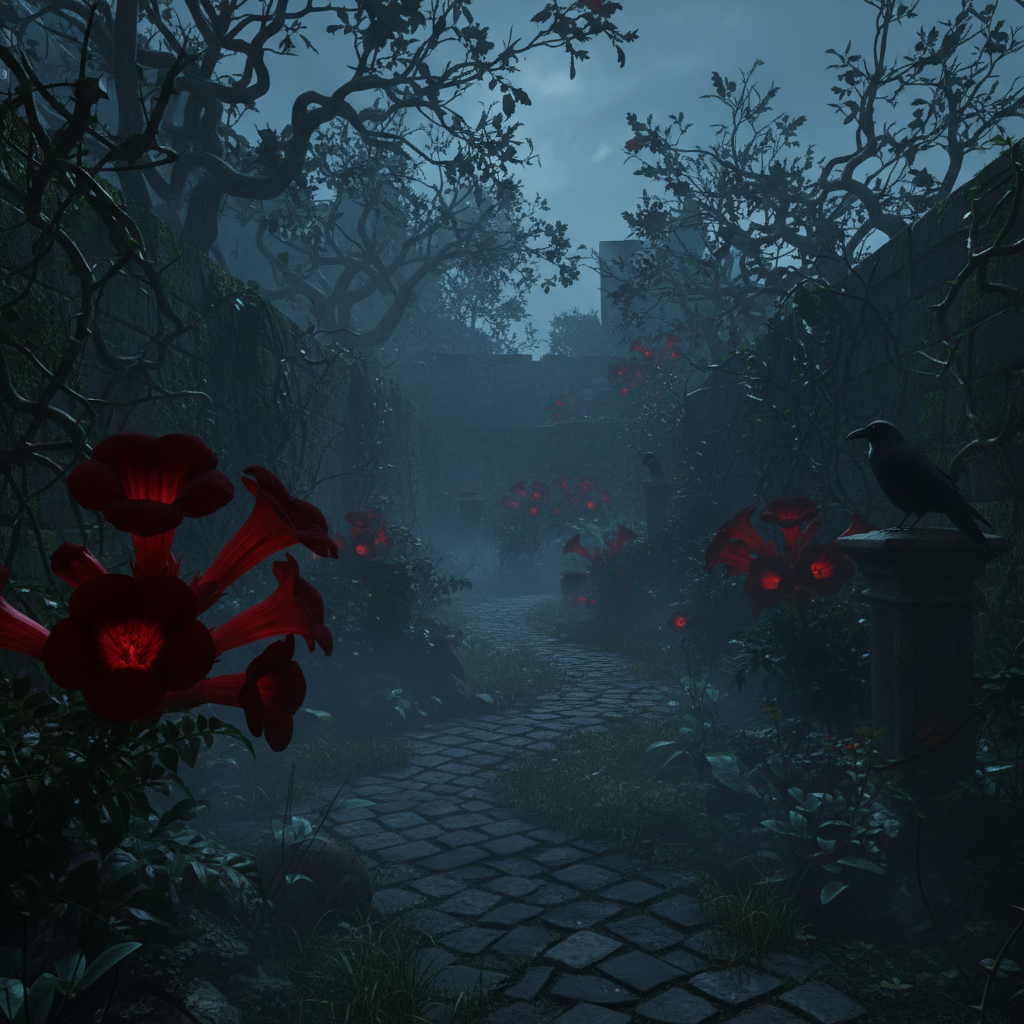 Dark garden with blood-red flowers