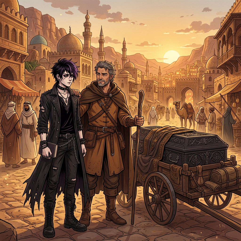 A goth teenager and an older man with a wooden staff stand in a busy Middle Eastern market during sunset.