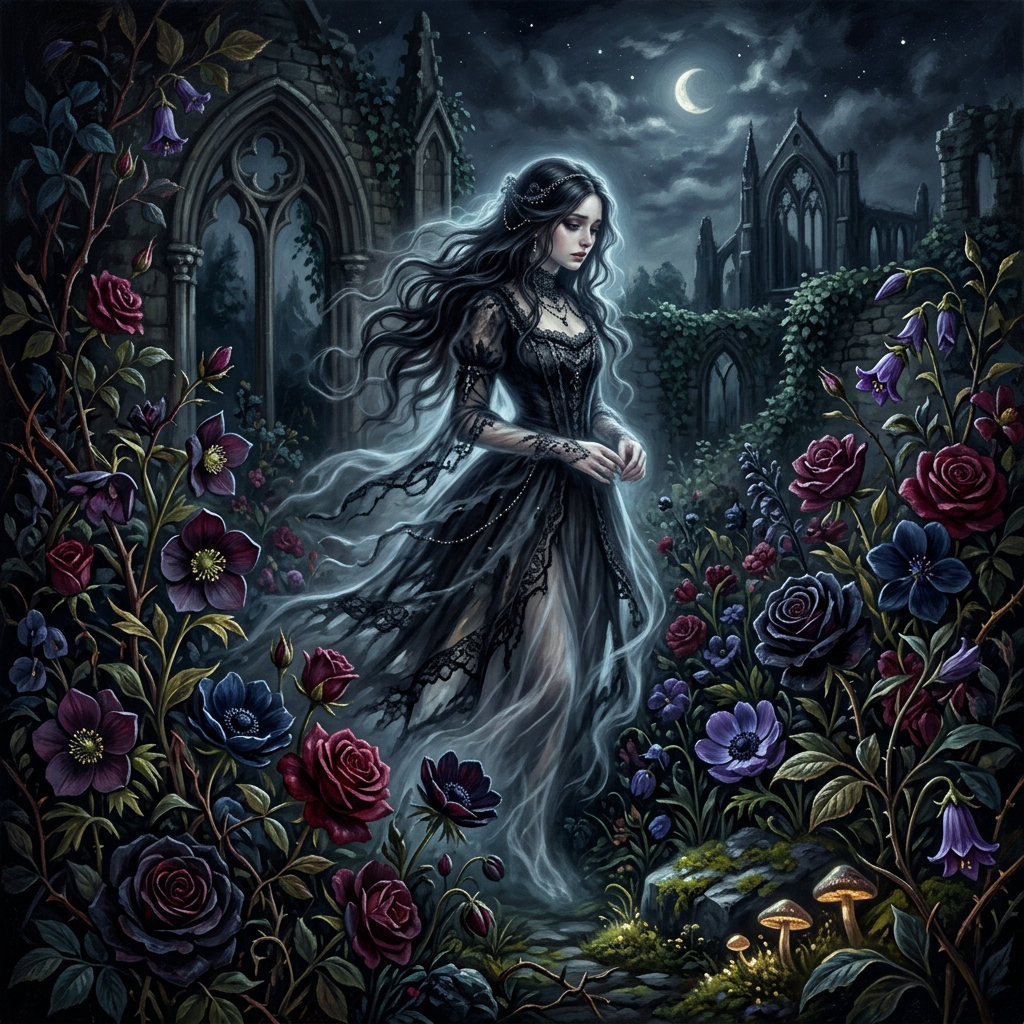 A woman in a flowing black lace dress walking among colorful flowers with ruined gothic arches and a crescent moon above