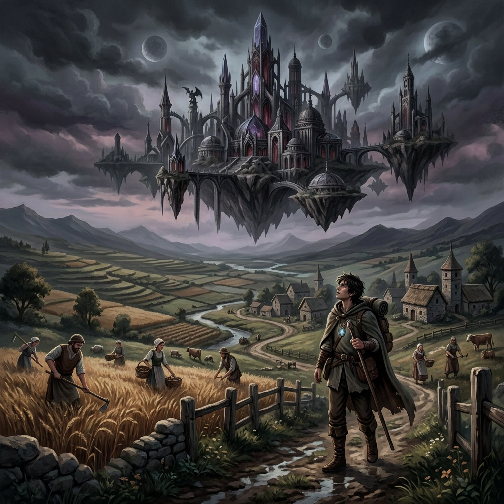Traveler in medieval village looking at a glowing floating city above fields at sunset