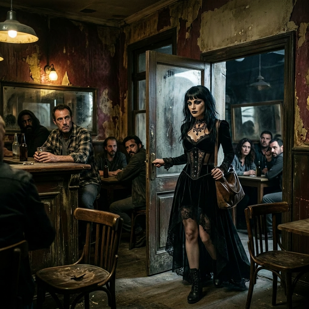 Woman entering a rustic bar with several people watching her