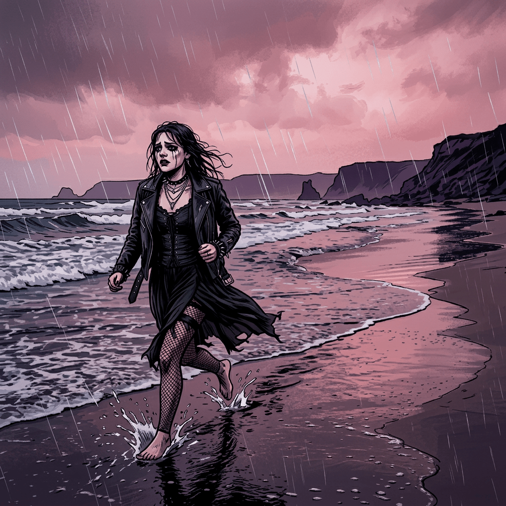 Woman in black leather jacket and fishnet stockings running barefoot on wet beach during rain
